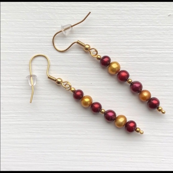 Maroon/gold freshwater Pearls gold plated earrings Handmade - Picture 1 of 5